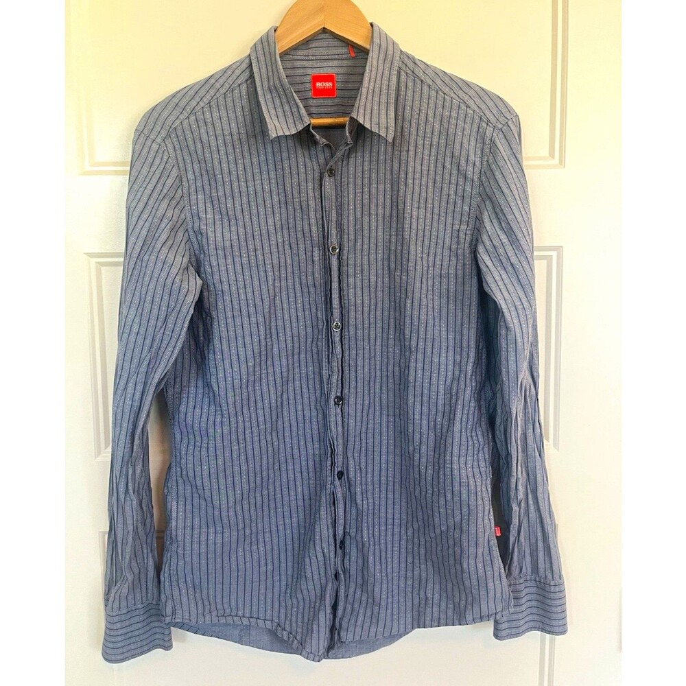 Hugo Boss Men’s Shirt Large Gray Striped Button-Up Long Sleeve Orange Label